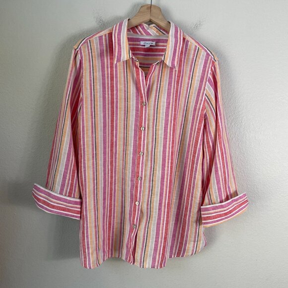 Chicos Womens 16 Pink Orange Striped 100% Linen Button Up Shirt Long Sleeve Top - Picture 8 of 12